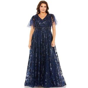 Mac Duggal Floral Gown Dress Size 14 Blue Embroidered Sequin‎ Tulle 20469 $798